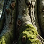 **Prompt:** Hyperrealistic digital painting of an old tree with detailed, rough bark texture, moss, and cracks, emphasizing light and shadow to create depth and realism.