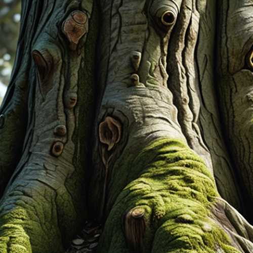 **Prompt:** Hyperrealistic digital painting of an old tree with detailed, rough bark texture, moss, and cracks, emphasizing light and shadow to create depth and realism.