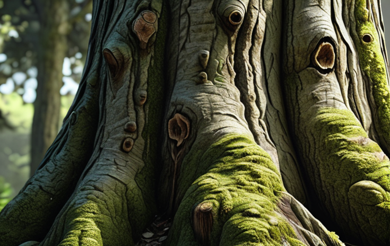**Prompt:** Hyperrealistic digital painting of an old tree with detailed, rough bark texture, moss, and cracks, emphasizing light and shadow to create depth and realism.