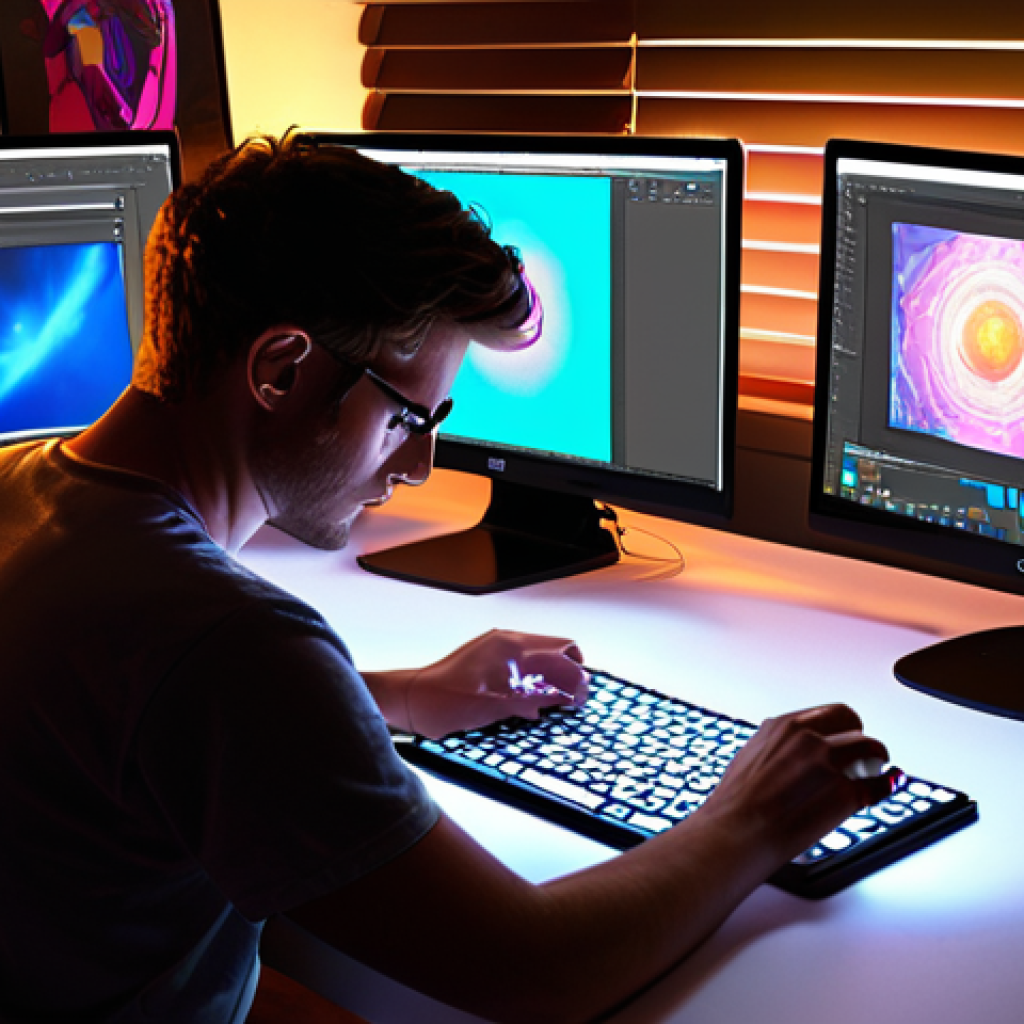 Digital Artist at Work**

Prompt: Digital artist passionately creating artwork on a Wacom tablet, illuminated by the screen's glow, surrounded by a vibrant, modern studio space filled with multiple monitors displaying various art software interfaces like Photoshop, Krita, and potentially a glimpse of Midjourney; focus on the artist's intense concentration and the interplay of light and shadow, highlighting the fusion of technology and creativity.

**