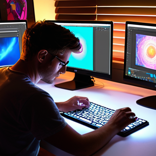 Digital Artist at Work**

Prompt: Digital artist passionately creating artwork on a Wacom tablet, illuminated by the screen's glow, surrounded by a vibrant, modern studio space filled with multiple monitors displaying various art software interfaces like Photoshop, Krita, and potentially a glimpse of Midjourney; focus on the artist's intense concentration and the interplay of light and shadow, highlighting the fusion of technology and creativity.

**