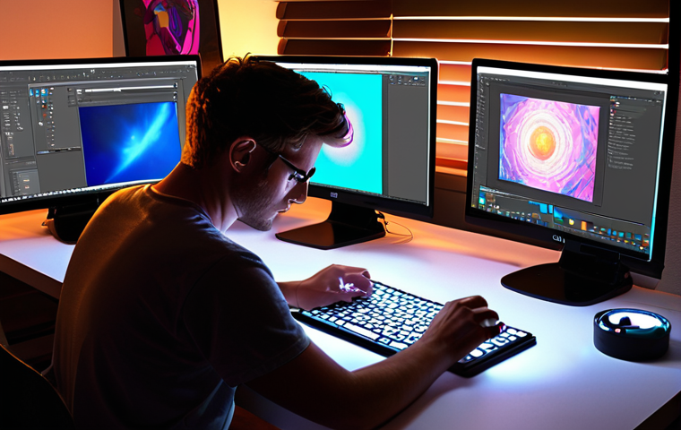Digital Artist at Work**

Prompt: Digital artist passionately creating artwork on a Wacom tablet, illuminated by the screen's glow, surrounded by a vibrant, modern studio space filled with multiple monitors displaying various art software interfaces like Photoshop, Krita, and potentially a glimpse of Midjourney; focus on the artist's intense concentration and the interplay of light and shadow, highlighting the fusion of technology and creativity.

**