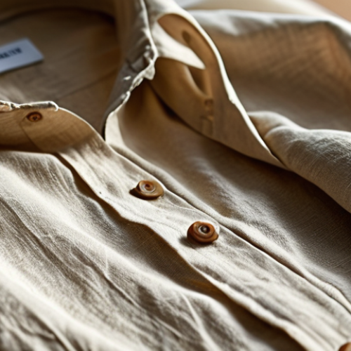 **

A photo of a linen shirt with pronounced, angular folds. Focus on the texture of the linen and the sharp light and shadow defining the creases. Natural light source, capturing the stiffness of the fabric.

**