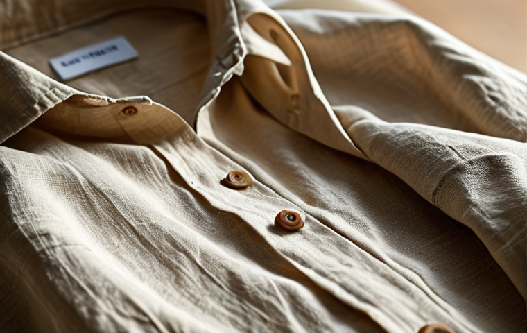 **

A photo of a linen shirt with pronounced, angular folds. Focus on the texture of the linen and the sharp light and shadow defining the creases. Natural light source, capturing the stiffness of the fabric.

**