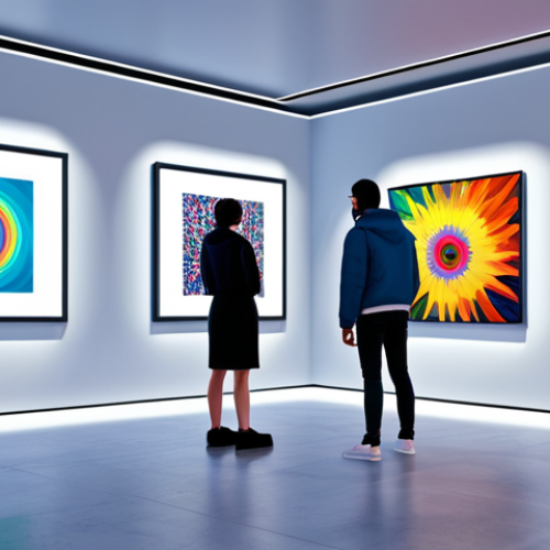 Virtual Art Exhibition**

"A modern, minimalist virtual art gallery in the metaverse, featuring colorful abstract digital paintings and interactive sculptures. Visitors wearing stylish, futuristic clothing are exploring the space. Soft, diffused lighting. Safe for work, appropriate content, fully clothed, professional rendering, perfect anatomy, natural proportions, family-friendly."

**