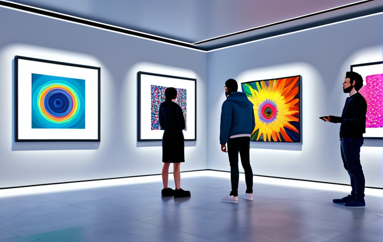 Virtual Art Exhibition**

"A modern, minimalist virtual art gallery in the metaverse, featuring colorful abstract digital paintings and interactive sculptures. Visitors wearing stylish, futuristic clothing are exploring the space. Soft, diffused lighting. Safe for work, appropriate content, fully clothed, professional rendering, perfect anatomy, natural proportions, family-friendly."

**