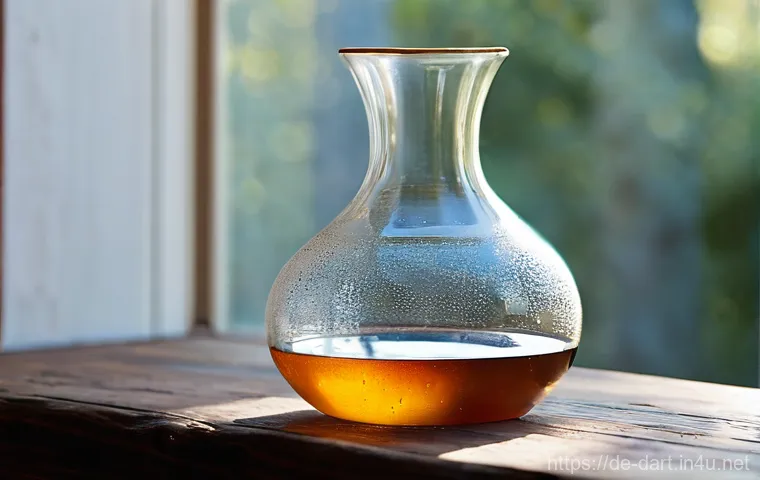 디지털아트 유리 재질 표현법 - **Prompt:** A meticulously detailed still life photograph of an antique, hand-blown glass carafe, ha...