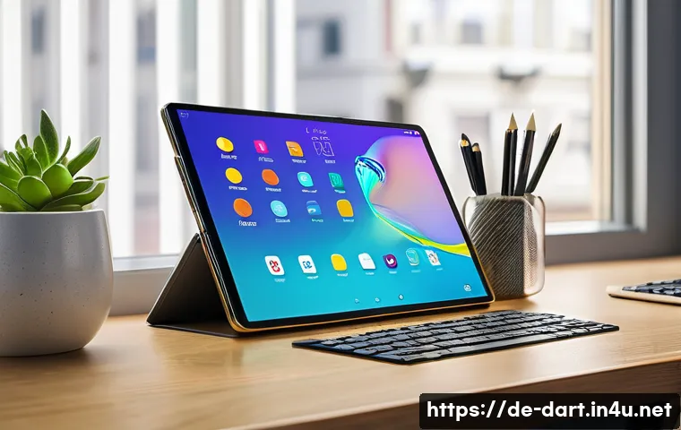갤럭시탭 S 시리즈 아트 성능 - A creative professional workspace featuring a Samsung Galaxy Tab S8 Ultra with a vibrant