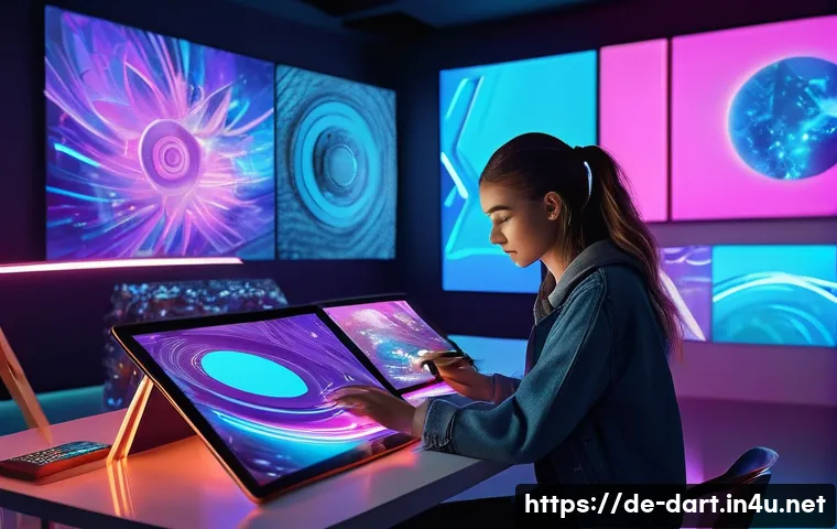 디지털아트 크립토아트 투자 가이드 - A futuristic digital art studio scene showcasing a young European female artist working on a high-re...