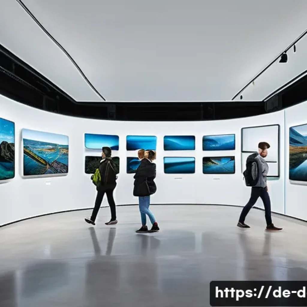 디지털아트 전시회 온라인 개최법 - A modern virtual art gallery interior with sleek white walls and polished concrete floors, showcasin...
