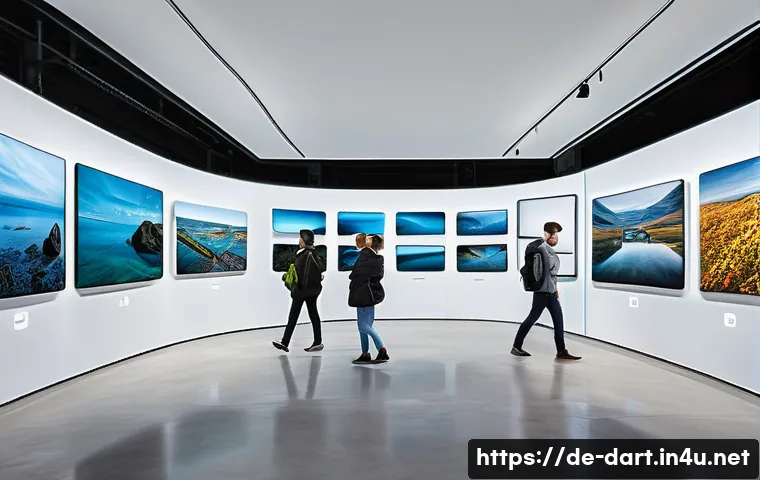 디지털아트 전시회 온라인 개최법 - A modern virtual art gallery interior with sleek white walls and polished concrete floors, showcasin...