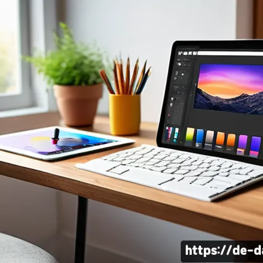 디지털아트 소셜미디어 챌린지 참여법 - A vibrant digital artist’s workspace featuring a modern tablet with a stylus, displaying a colorful ...