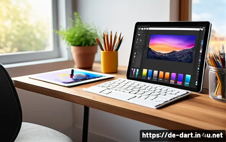 디지털아트 소셜미디어 챌린지 참여법 - A vibrant digital artist&rsquo;s workspace featuring a modern tablet with a stylus, displaying a colorful ...