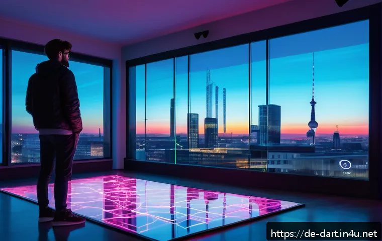 디지털아트의 미래 전망 - A futuristic art studio scene in Berlin, showing a contemporary digital artist collaborating with an...