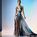 디지털아트 패션 일러스트 제작 - A highly detailed digital fashion illustration showcasing a modern runway model wearing a flowing me...