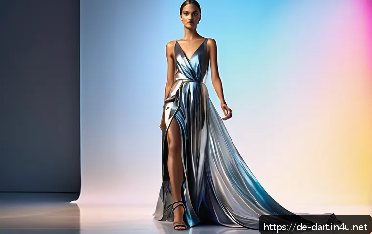 디지털아트 패션 일러스트 제작 - A highly detailed digital fashion illustration showcasing a modern runway model wearing a flowing me...