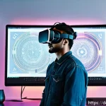 디지털아트 공모전 수상작 분석 - A futuristic digital art studio scene showcasing an artist wearing casual modern clothing and using ...