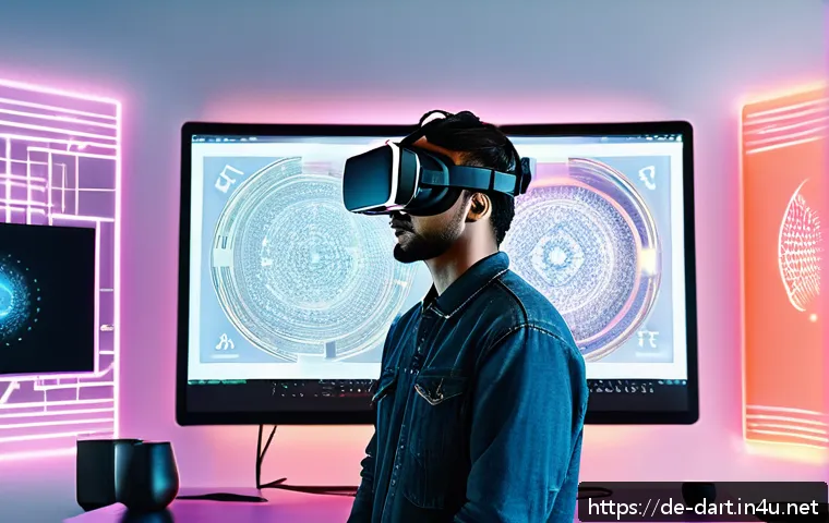 디지털아트 공모전 수상작 분석 - A futuristic digital art studio scene showcasing an artist wearing casual modern clothing and using ...