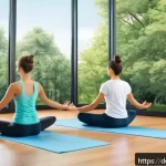 디지털아트 배너 디자인 제작법 - A modern digital banner design showcasing a tranquil yoga studio atmosphere, featuring harmonious so...