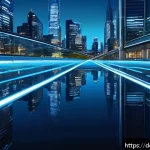 디지털아트 금속 재질 표현법 - A hyper-realistic close-up of a polished chrome surface reflecting a futuristic cityscape under cool...