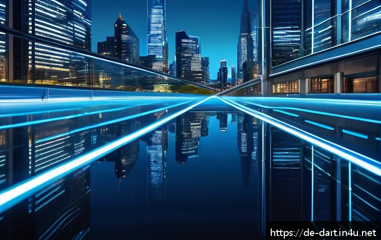 디지털아트 금속 재질 표현법 - A hyper-realistic close-up of a polished chrome surface reflecting a futuristic cityscape under cool...
