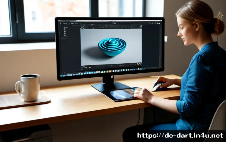 Home 17 블렌더 3D 디지털아트 - Photorealistic modern digital artist workspace in Berlin, focused on a large monitor displaying an a...