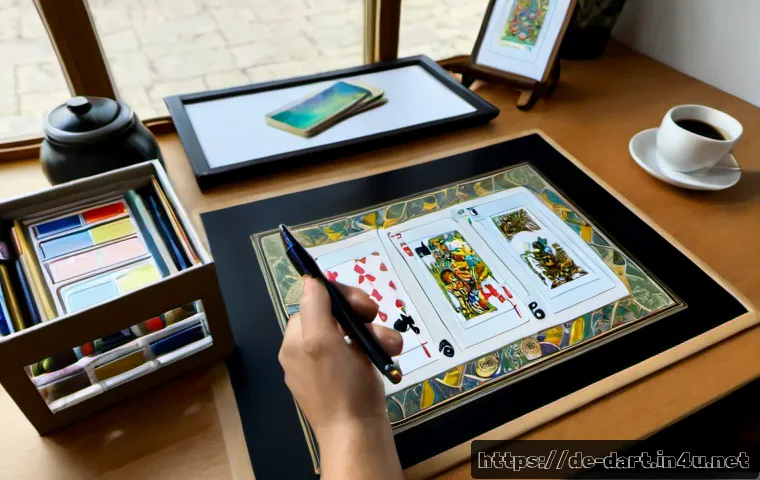 디지털아트 카드게임 아트워크 제작 - Photorealistic overhead scene of a German digital artist creating fantasy card game artwork on a lar...