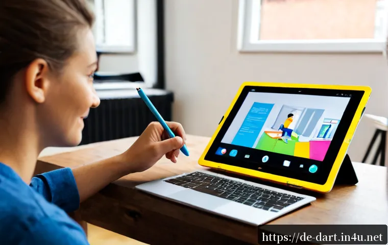 디지털아트 클라이언트와 소통하는 법 - Photorealistic digital artist in a bright Berlin-style home studio, calmly discussing a colorful tab...
