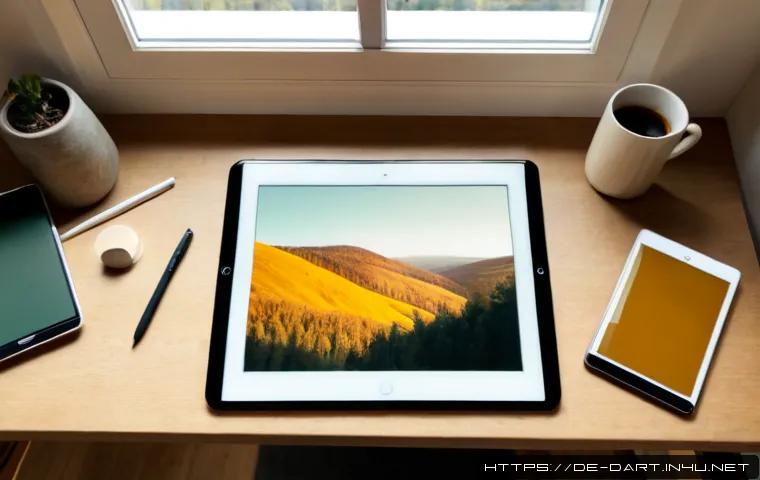 디지털아트에서 색감 조화 맞추기 - Photorealistic overhead view of a German digital artist’s tidy home studio, a pen tablet displaying ...