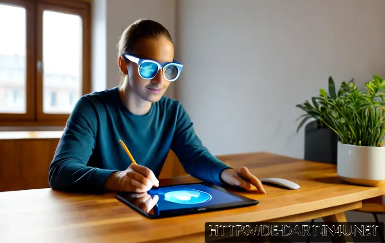 디지털아트와 증강현실 AR - Photorealistic modern Berlin design studio, a German digital artist wearing casual smart clothing us...